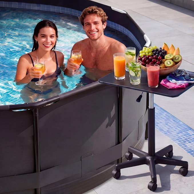 Nuanchu Pool Bar Poolside Table with Wheels 34-43 Inch Adjustable Height Black Outdoor Poolside Table Above Ground Pool Side Bar Towel Rack for Swimming Patio Accessories