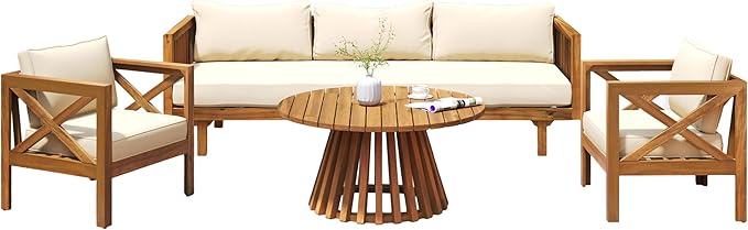 Merax Outdoor 4-Piece Acacia Wood Conversation Set - Patio 3-Seat Loveseat Sofa Daybed with Cushion, 2 Armchair and Round Coffee Table for Backyard, Lawn, Balcony, Teak + Beige