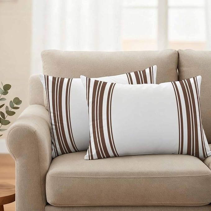 Outdoor Waterproof Throw Pillow Covers Set of 2 Brown Stripes Lumbar Pillowcases 20x12 Inches White Vertical Striped Decorative Pillows Cushion Case Patio Pillows for Couch Bed Chair Garden