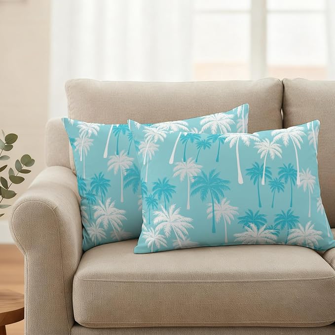 Lumbar Pillow Covers 20x12 Inch Set of 2, Tropical Palm Tree Waterproof Outdoor Pillow Covers, Blue Cyan Plants Coastal Leaf Beach Decorative Cushion Pillowcases for Couch, Sofa, Bed, Garden, Patio
