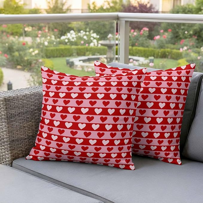 Outdoor Waterproof Throw Pillow Covers, Valentine's Day Decorative Pillow Cases, Romantic Pink Red Love Heart Stripes Couch Pillow Protector Patio Sofa Cushion Covers Replacement 18"x18" 2 Pack