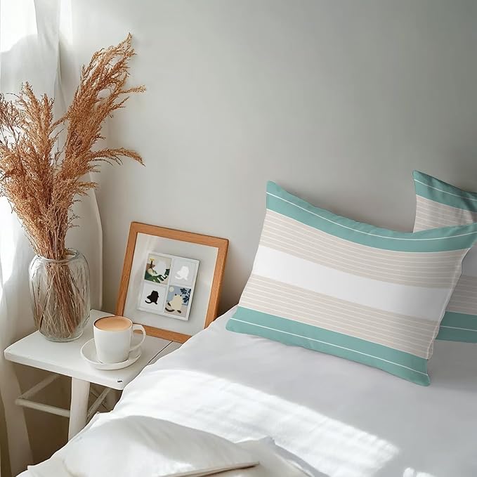 Turquoise Beige Stripe Outdoor Pillow Covers Waterproof, All Weather Cushion Case Set of 2, Modern Art Horizontal Striped Lumbar Pillowcase for Sofa Couch Bed Decor Patio Furniture 20"x12"