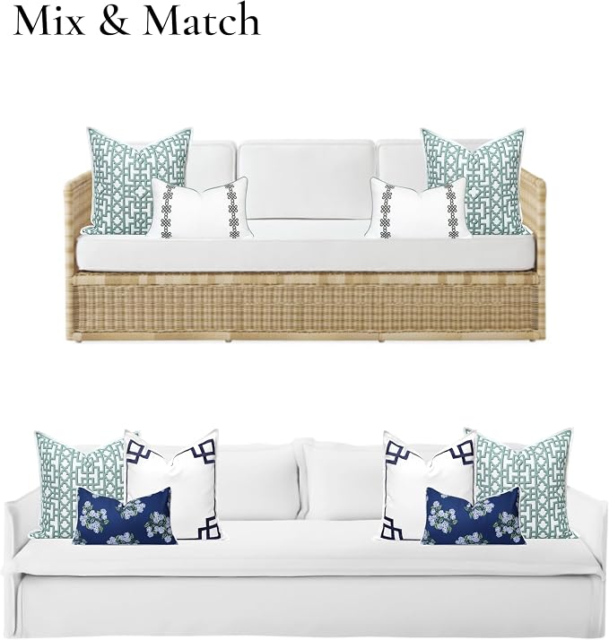 Hofdeco Premium Coastal Hampton Patio Indoor Outdoor Throw Pillow Cover Only, 20"x20" Water Repellent for Backyard, Couch, Poolside, Forest Green Print Fretwork Trellised Screen