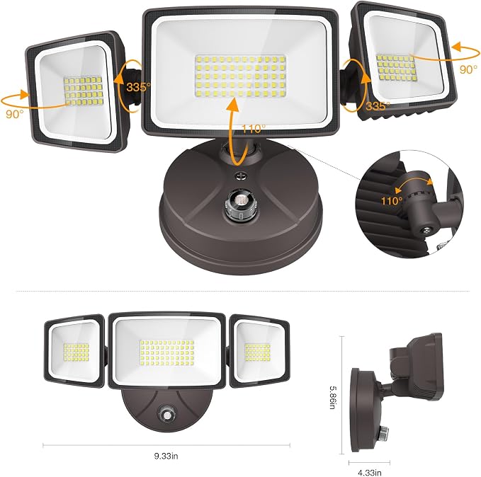 Onforu 80W LED Dusk to Dawn Flood Lights, 8000LM Brown Exterior Security Outdoor Lighting,IP65 Waterproof Outdoor 3 Adjustable Heads Photocell Light Fixture,6500K Floodlight for Garage,Patio,Yard