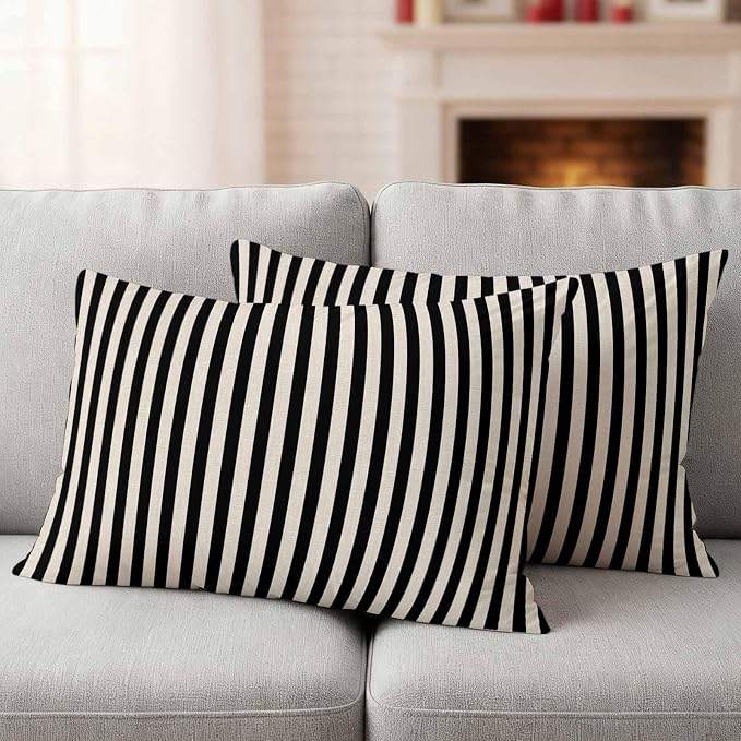 Black Beige Stripe Outdoor Pillow Covers Set of 2 Vintage Abstract Classic Minimalist Vertical Striped Waterproof Throw Pillow Cover Decorative Cushion Cases for Patio Porch Garden 20X12 Inch
