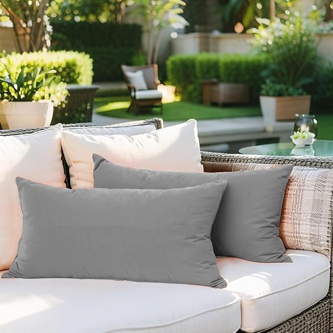 SK Studio Outdoor Water Resistant Throw Pillows, Decorative Patio Lumbar Cushions, Fluffy Furniture Garden Cushions for Home Patio Coach Sofa Use, Pack of 2, Light Grey, 16x16 Inch