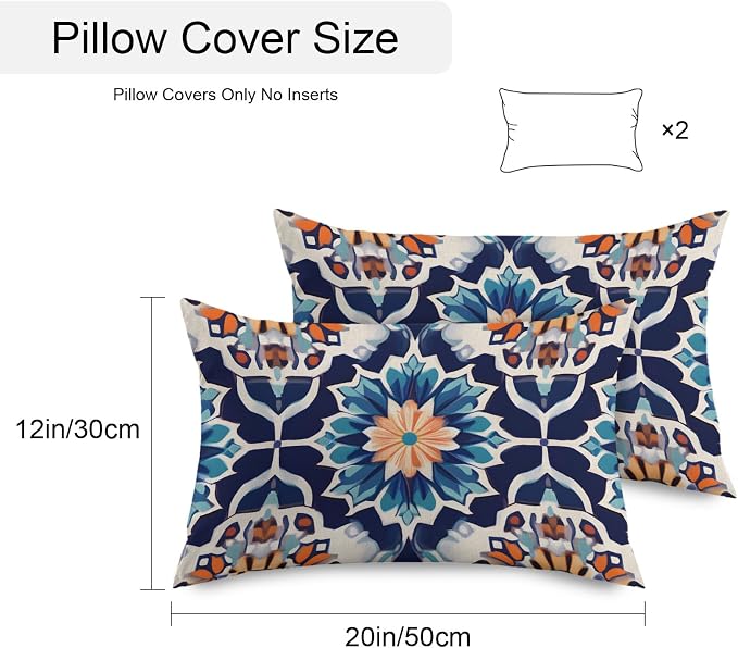 Orange Blue Outdoor Pillow Covers 20x12 Inch Lumbar Pillow Covers Set of 2 Waterproof Decorative Throw Pillow Cases Morocco Boho Abstract Floral Ethnic Tribal Cushion Covers for Patio Furniture Garden