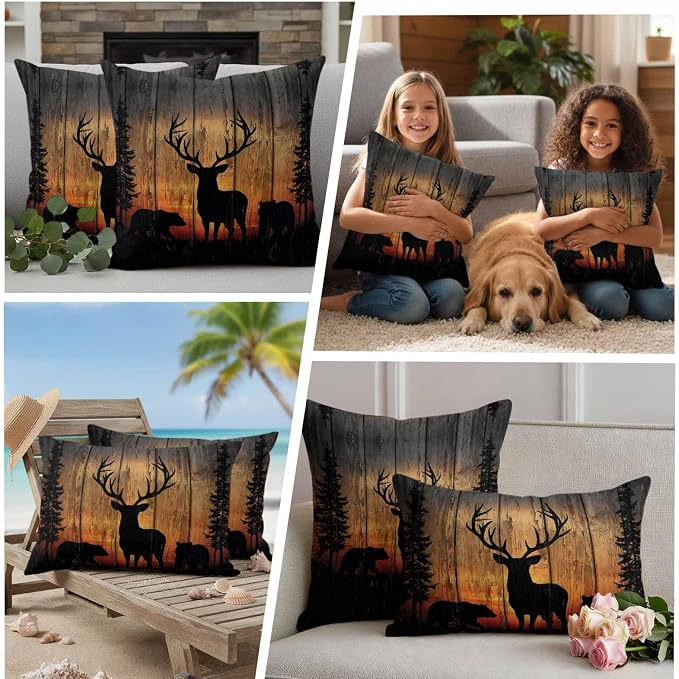 Yukro Wildlife Scene Outdoor Waterproof Pillow Covers Pack of 2, Nature Deer Bear Pine Trees Silhouette Sunset Throw Pillowcases Decorative Cushion Covers for Garden Patio Tent Sofa Couch, 18x18 inch