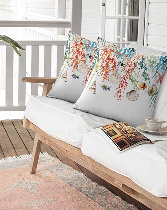 Outdoor Waterproof Throw Pillows Summer Colorful Coral Shell Conch Patio Pillows,Decorative Pillow Covers with Insert,Pillow Cushion Case for Garden Couch Sofa Sea Starfish Fish Marine Life