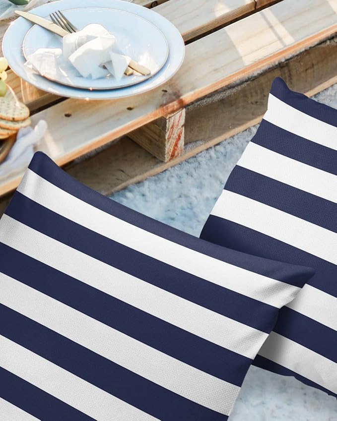Outdoor Waterproof Pillow Covers for Patio Furniture Solid Nautical Striped Decorative Throw Pillow Cover Navy Blue Pillowcases Set of 2 Cushion Case for Sofa Couch Chair Home Decor 20 x 20 Inches