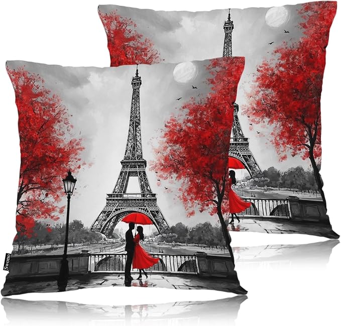 Swono Outdoor Pillow Covers Eiffel Tower, Paris Couple Maple Eiffel Tower Home Decorative Throw Pillow Case Cushion Cover for Men/Woman/Girls/Boys/Bed/Sofa/Office/Car, 18x18 Inch, 2Pcs Pillow Covers