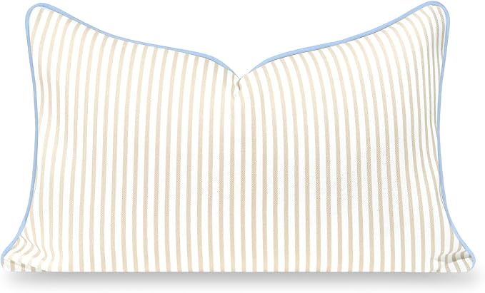 Hofdeco Premium Coastal Hampton Patio Indoor Outdoor Lumbar Pillow Cover Only, 12"x20" Water Repellent for Backyard, Couch, Poolside, Neutral Tan Blue Print Stripes