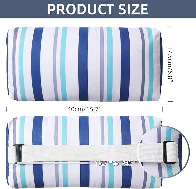 Headrest Pillow for Patio Chaise Lounge Chair, 2 Pcs Outdoor Chaise Pillows with Adjustable Elastic Stripe Head Resting Pillows for Recliner Office Chair, Blue White Stripe