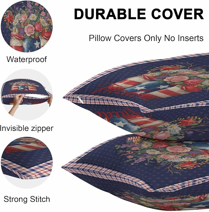 Waterproof Throw Pillow Covers, Independence Day Daisy Flower Tulip American Flag Star Blue Red Plaid Decorative Pillowcase Soft Cushion Case for Patio Couch Tent Balcony, Set of 2 Rectangle, 20"X12"