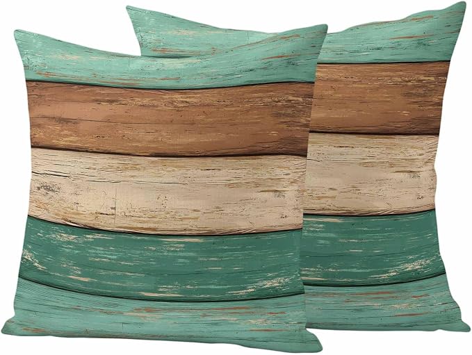 Farmhouse Teal Brown Outdoor Waterproof Pillow Covers, Vintage Wooden Striped Decorative Square Throw Pillowcase Sofa Cushion Sham for Patio/Couch/Chair, 26"x26" 2 Pack