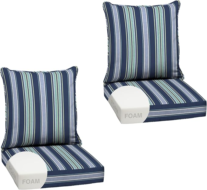 Arden Outdoor Deep Seat Cushion Set, Foam, 2-Pack, 24x24, Blue Stripe | Sofa, Couch, Conversation Set, Premium High-Density Foam, Never Flattens, Mold and Mildew Resistant