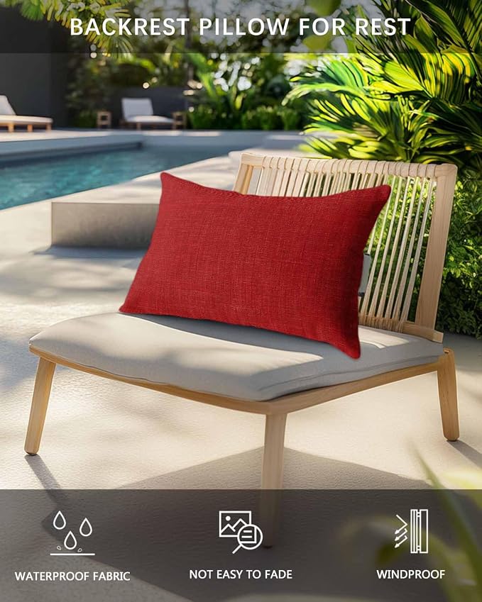 Outdoor Pillow for Chaise Lounge Chair Red Rustic Vintage Burlap Texture Outdoor Pillows Waterproof with Adjustable Strap Headrest Lumbar Pillows for Garden Patio Furniture 2 Pack 11" x 16"