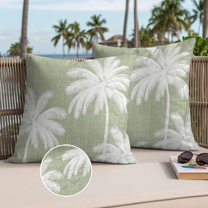 Outdoor Pillow Covers 26x26 Inch Set of 2, Sage Green Palm Trees Waterproof Throw Pillow Covers, Farmhouse Tropical Summer Beach Decorative Cushion Pillowcases for Couch, Sofa, Bed, Garden, Patio