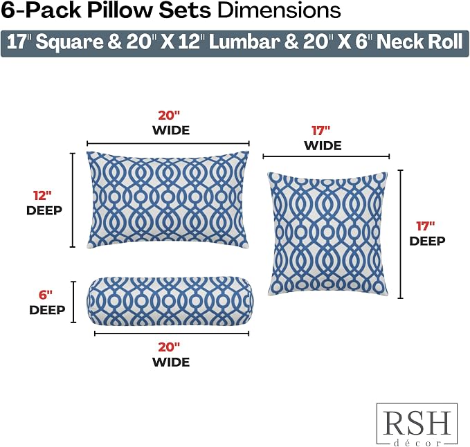 RSH DECOR: 6-Pack Pillow Set | Water & Fade-Resistant | 17" Square, 20" x 12" Lumbar, 20" x 6" Neck Roll Pillows | Outdoor Pillows for Patio Furniture | Made in USA (Capilla Blue)