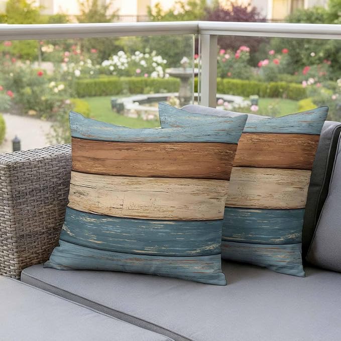 Farmhouse Blue Brown Outdoor Waterproof Pillow Covers, Vintage Wooden Striped Decorative Square Throw Pillowcase Sofa Cushion Sham for Patio/Couch/Chair, 20"x20" 2 Pack