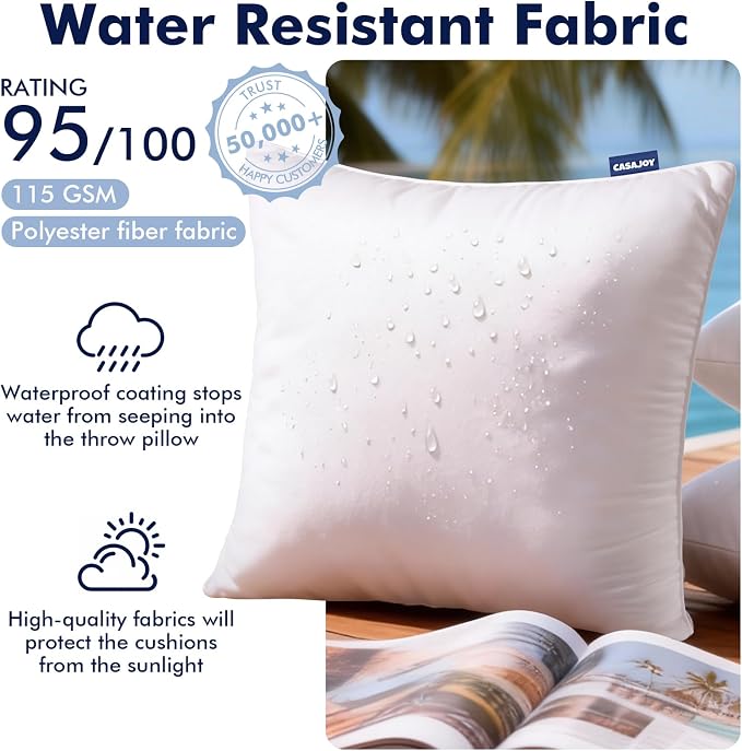 Outdoor Pillows 18x18 Set of 4 Water Resistant Throw Pillow Inserts | Square Waterproof Pillows, Convenient Zipper Design, Fluffy & Supportive, Decorative Pillow for Patio Porch & Couch