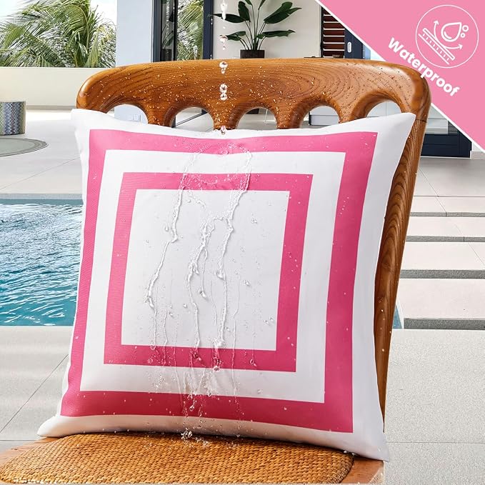 JOJOGOGO 12x20 Hot Pink Frame Outdoor Lumbar Pillow Covers Waterproof & Sunproof Set of 2, White and Pink Outdoor Decorative Lumbar Throw Pillows for Patio Furniture and Porch Decor(Without Inserts)