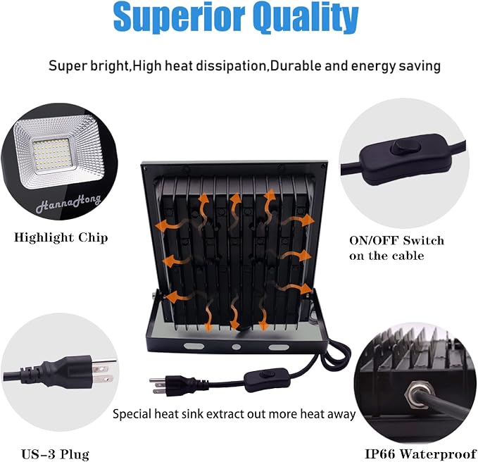 10W LED Flood Light with ON/Off Switch Plug in,Cool White,Security/Work/Plant Grow Outdoor Light,IP66 Waterproof,Reflector Spotlight for Porch, Garage,Patio,Yard,Garden