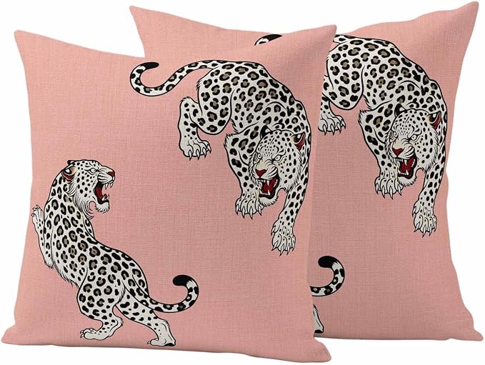 Vandarllin Outdoor Throw Pillows Covers 20x20 inch Set of 2 Waterproof Pink Leopard Decorative Zippered Cushion Covers for Patio Furniture, Bohemian Animal Print Lumbar Pillowcases