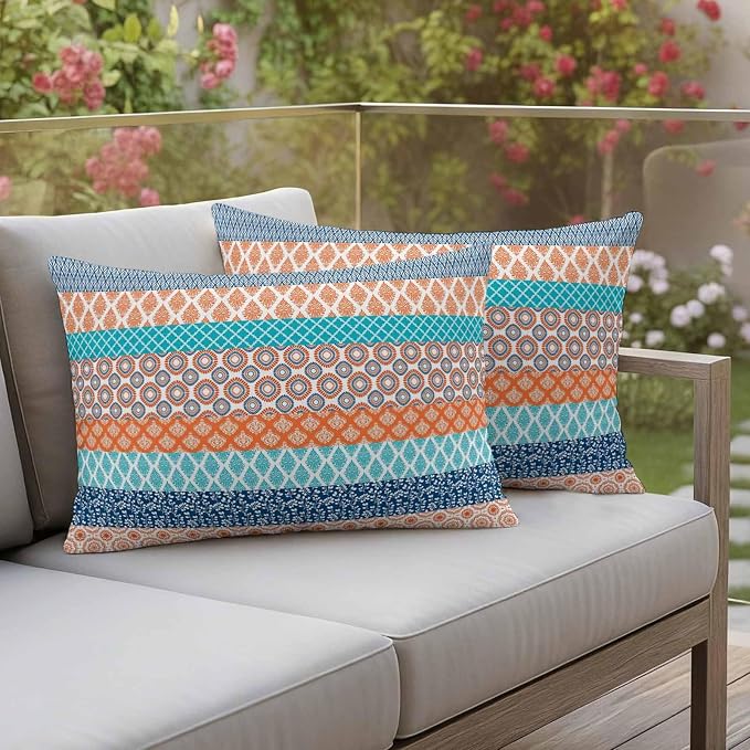 Geometric Bohemia Outdoor Pillow Covers Set of 2 Stripes Orange Turquoise and Blue Waterproof Throw Pillow Cover Decorative Cushion Cases for Patio Porch Garden 20X12 Inch