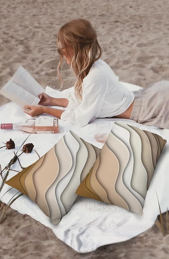Outdoor Waterproof Pillow Covers for Patio Furniture Brown Modern Geometric Decorative Throw Pillow Cover Abstract Beach Wave Pillowcases Set of 2 Cushion Case for Sofa Couch 20 x 12 Inches