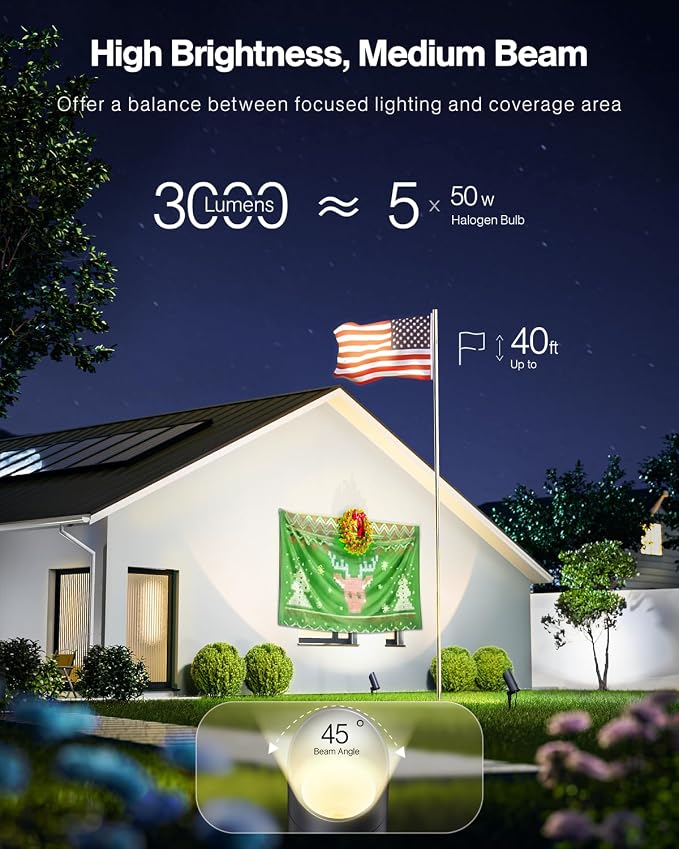 HIBOITEC 2 Pack 30W Outdoor LED Spot Lights 120V Plug in Flag Pole Light | 3000LM 3000K Warm White Waterproof Landscape Spotlight for Yard Garden Tree Statue, 5.9 FT Cord with Plug