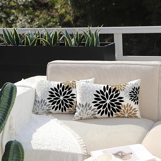 DFXSZ Outdoor Waterproof Pillow Covers 12x20 Set of 2 Black Brown Flower | Spring Summer Waterproof Flower Throw Pillowcases（No Inserts）Outdoor Decor for Patio Funiture Garden Polyester Covers
