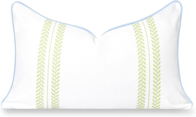 Hofdeco Premium Grandmillennial Coastal Hampton Patio Indoor Outdoor Lumbar Pillow Cover Only, 12"x20" Water Repellent for Backyard, Couch, Poolside, Grass Green Baby Blue Print Leaf Striped