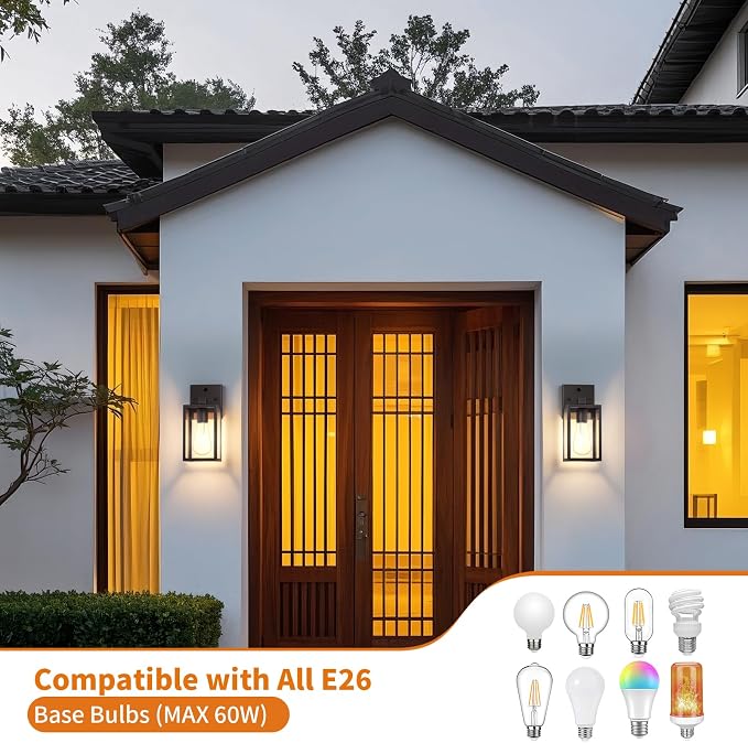 2 Pack Dusk to Dawn Exterior Lighting Fixtures Wall Mount, Sensor Outside Front Porch Lights for House, Outdoor Lantern Lamp, Waterproof Wall Sconce Lights, Black Coach Light for Garage Entryway