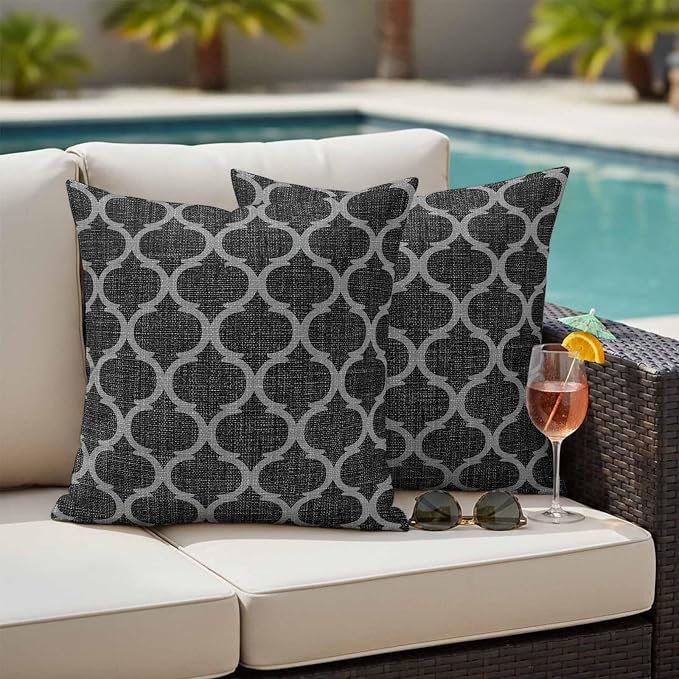 Black Morocco Outdoor Pillow Covers 20x20 Inch Throw Pillow Covers Set of 2 Waterproof Decorative Pillow Cases Boho Vintage Quatrefoil Geometric Plaid Cushion Covers for Patio Furniture Garden Couch