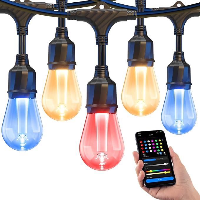 XMCOSY+ Smart Outdoor String Lights 49FT, LED Patio Lights with App Control | DIY Color Changing, RGBCW Dimmable White, Segment Control, Alexa Voice Control, Shatterproof IP65 Waterproof Outside Lights