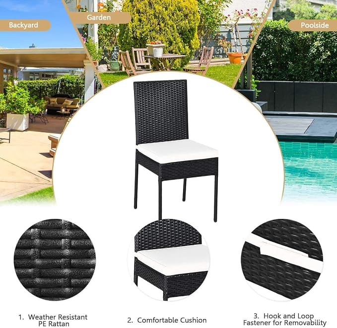 HAPPYGRILL 5-Pieces Patio Rattan Dining Set Outdoor Wicker Bistro Table Set with Acacia Wood Tabletop & Cushioned Chairs, Dining Furniture Set for Backyard Porch Dining Room Kitchen