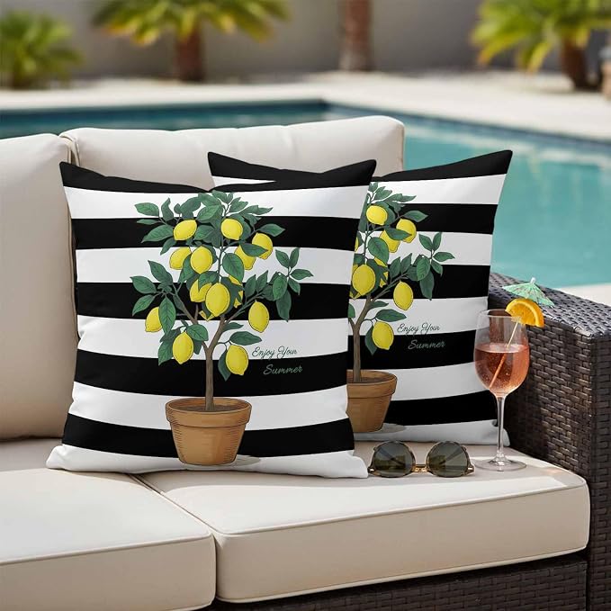 Summer Lemons Outdoor Waterproof Pillow Covers Set of 2, Yellow Fruit Leaf Black White Striped Abstract Pillowcase Decorative Throw Cushion Cases for Patio Garden Couch 24 x 24 Inches