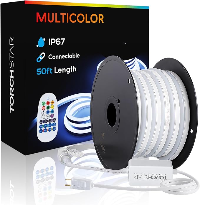 TORCHSTAR 50ft LED Neon Rope Light, Multicolor LED Strip Lights | Outdoor IP67 Waterproof, 120V UL Plug, ETL Connectable, Neon Light Strip for Shop Sign, Patio Decor, Max 2 Sets (100FT)