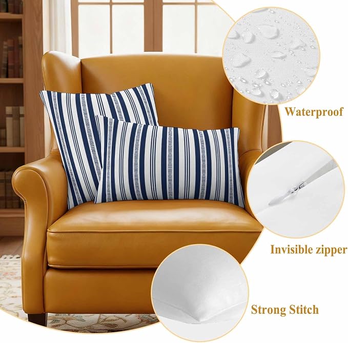 Navy Blue Striped Outdoor Waterproof Pillow Covers, Farmhouse Stripes Modern Geometric Decorative Square Throw Pillowcase Sofa Cushion Sham for Patio/Couch/Chair, 24"x24" 2 Pack