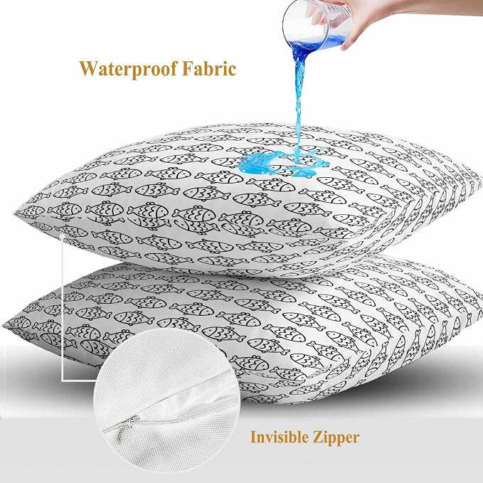 Summer Funny Animals Outdoor Waterproof Throw Pillow Covers Set of 2, 18"x18", Abstract Oceans Black Line Fish Texture Decorative Pillow Covers Outside Cushion Case for Patio Porch Garden