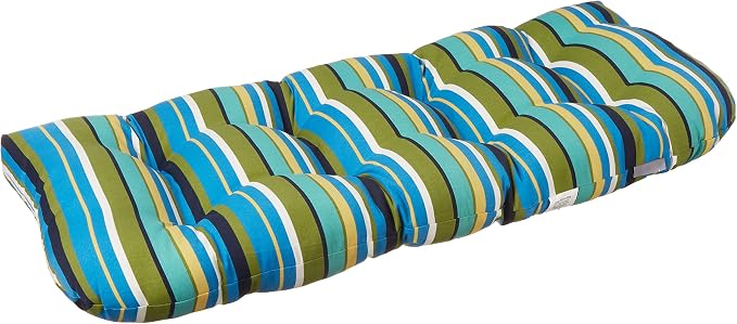 Pillow Perfect Stripe Indoor/Outdoor Sofa Setee Swing Cushion, Tufted, Weather, and Fade Resistant, 19" x 44", Blue/Green Topanga, 1 Count