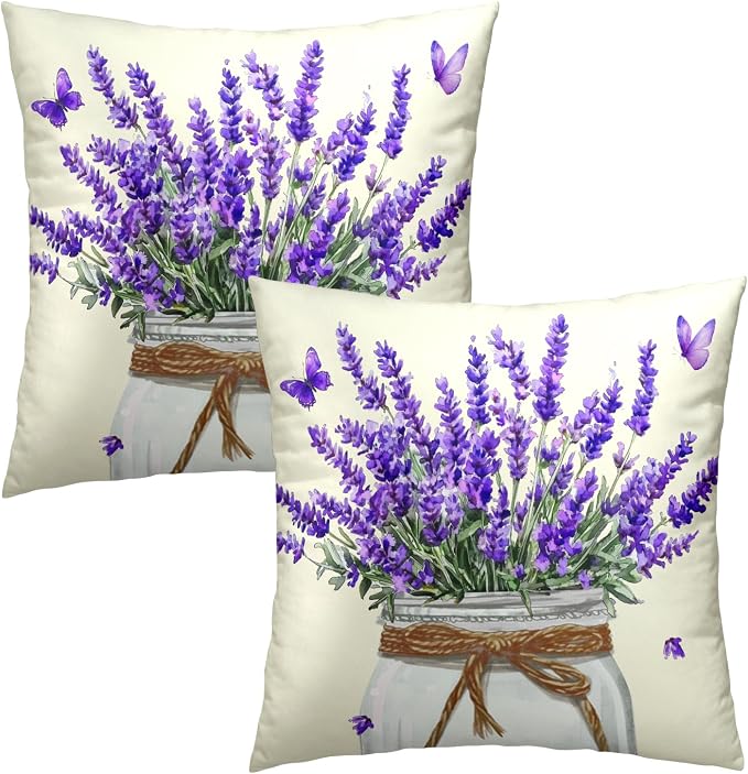 Vintage Flowers Lavender Pillow Cover 20x20 Inch Set of 2, Rustic Provence Purple Floral Jar Decorative Pillow Cotton Square Cushion Case for Outdoor Home Sofa Couch Decor