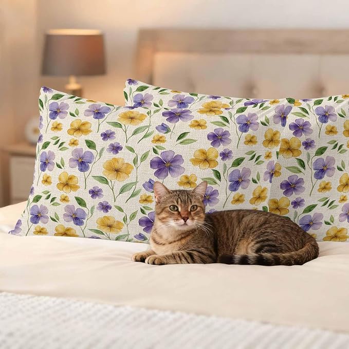 Purple Yellow Flower Outdoor Pillow Covers Set of 2 Spring Green Leaf Watercolor Floral Farm Waterproof Throw Pillow Cover Decorative Cushion Cases for Patio Porch Garden 20X12 Inch