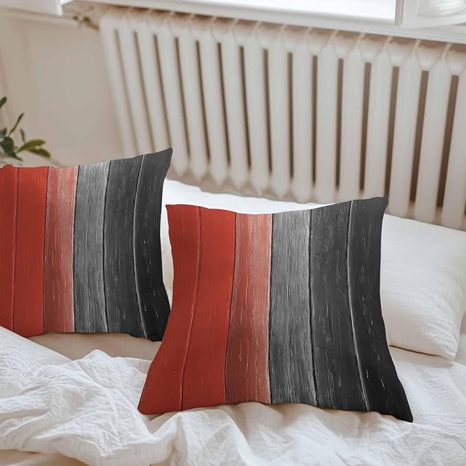 Throw Pillow Covers 16x16 Inch Set of 2, Red Black Ombre Waterproof Outdoor Cushion Covers, Vintage Farmhouse Wooden Decorative Pillowcases for Couch, Sofa, Bed, Garden, Patio