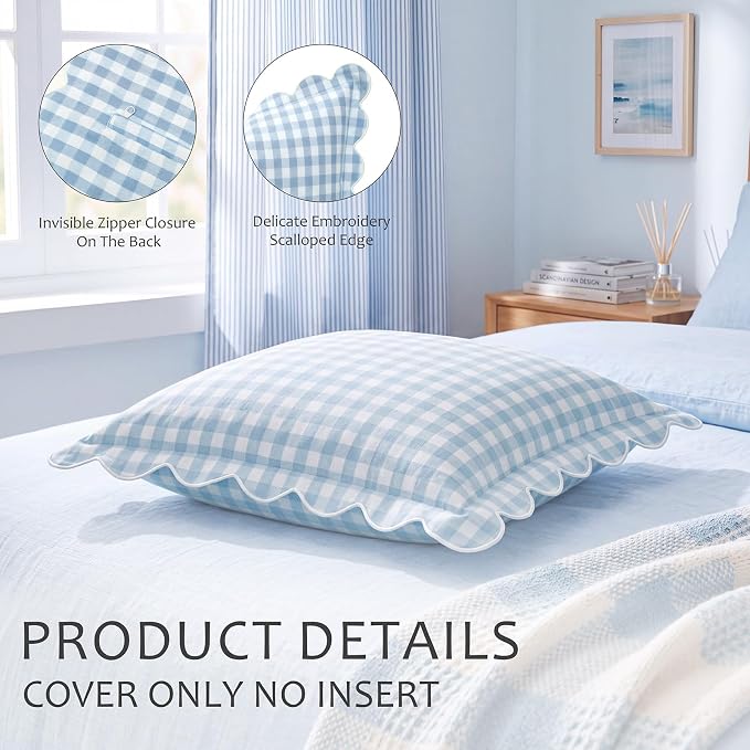 Gingham Scalloped Throw Pillow Cover 20"x20",Blue