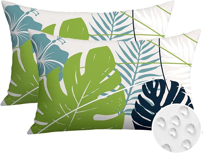 OTOSTAR Outdoor Waterproof Throw Pillow Covers 16x24 Inch Set of 2 Double-Sided Light Green Blue Tropical Leaf and Flower Spring Summer Decorative Pillow Cases for Patio Funiture Garden Balcony Couch