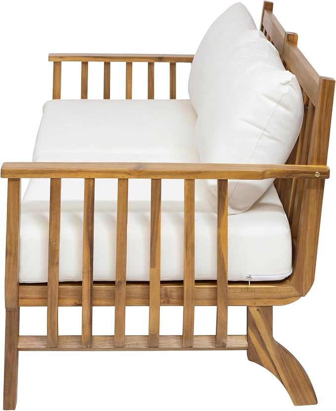Merax 2-Seater Mid-Century Modern Acacia Wood Outdoor Loveseat with Weather-Resistant Cushions, Patio Sofa for Deck, Poolside, Backyard