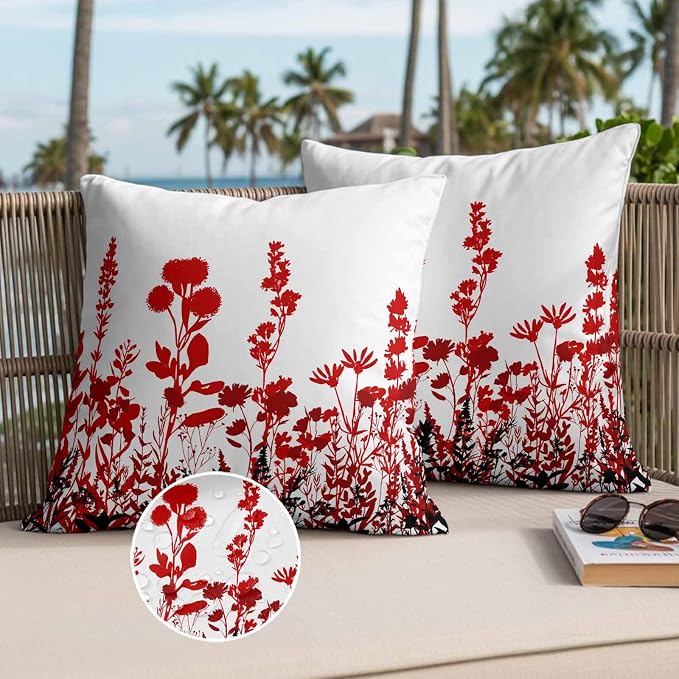 Red Flowers Waterproof Outdoor Pillow Covers Set of 2 Home Decor, Rustic Spring Wild Floral Herbs Plants Pillowcase Patio Pillow Covers for Couch Bench Furniture Garden 24x24in