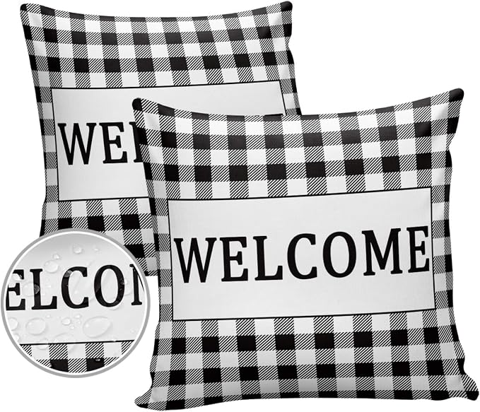 Outdoor Waterproof Pillow Covers for Patio Furniture Black Buffalo Check Plaid Decorative Throw Pillow Cover Welcome Pillowcases Set of 2 Cushion Case for Sofa Couch Chair Home Decor 18x18 inch